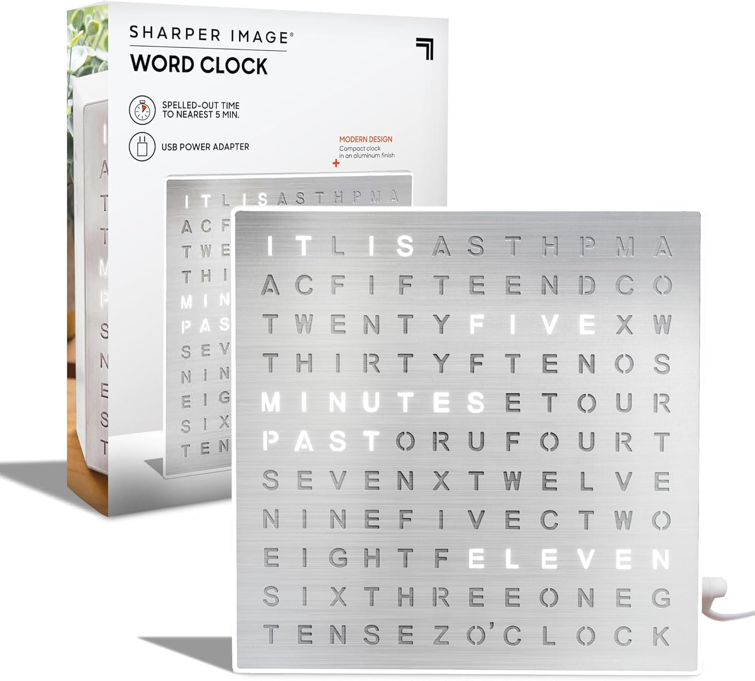 Sharper Image® LED Light-Up Word Clock [Amazon Exclusive] 7.75" Modern Design, E...