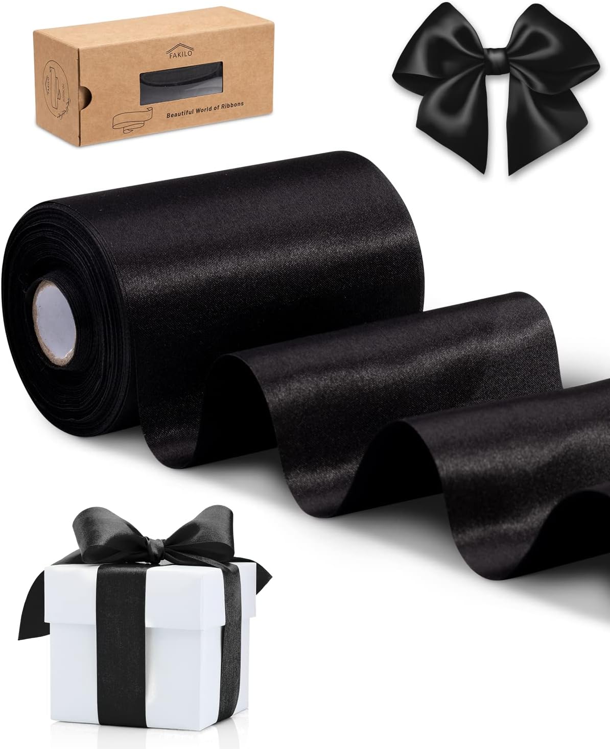 FAKILO Black Satin Ribbon 4 Inch x 22 yd Wide Thick Ribbon for A Grand Opening B...