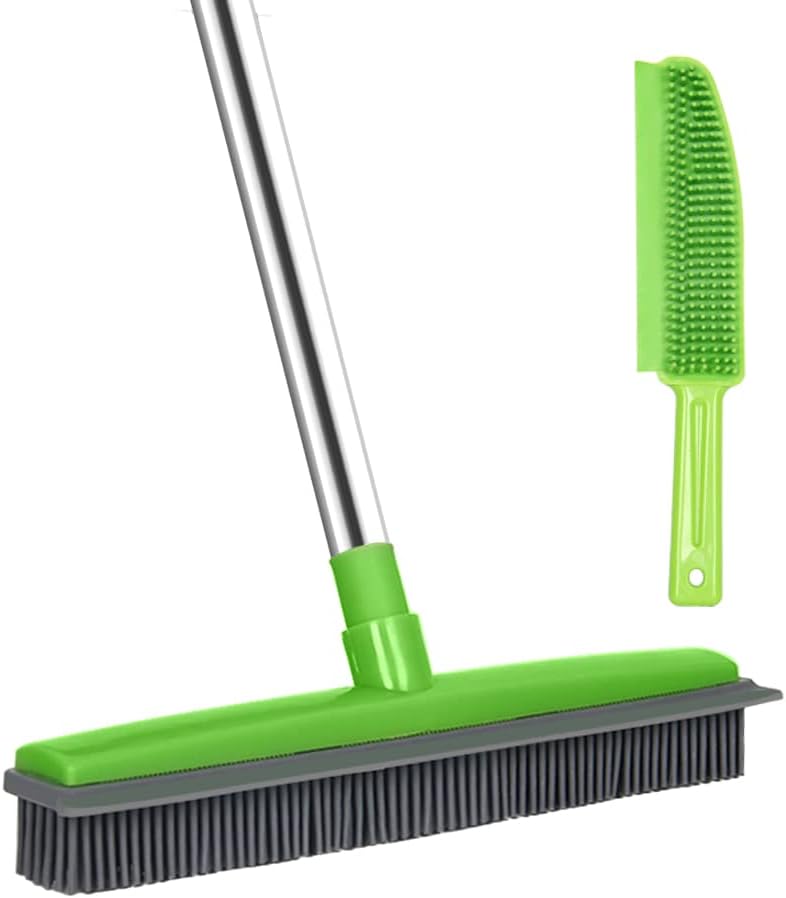 Long Handle Rubber Broom with Squeegee, Rubber Sweeping Brush and Pet Hair Remov...