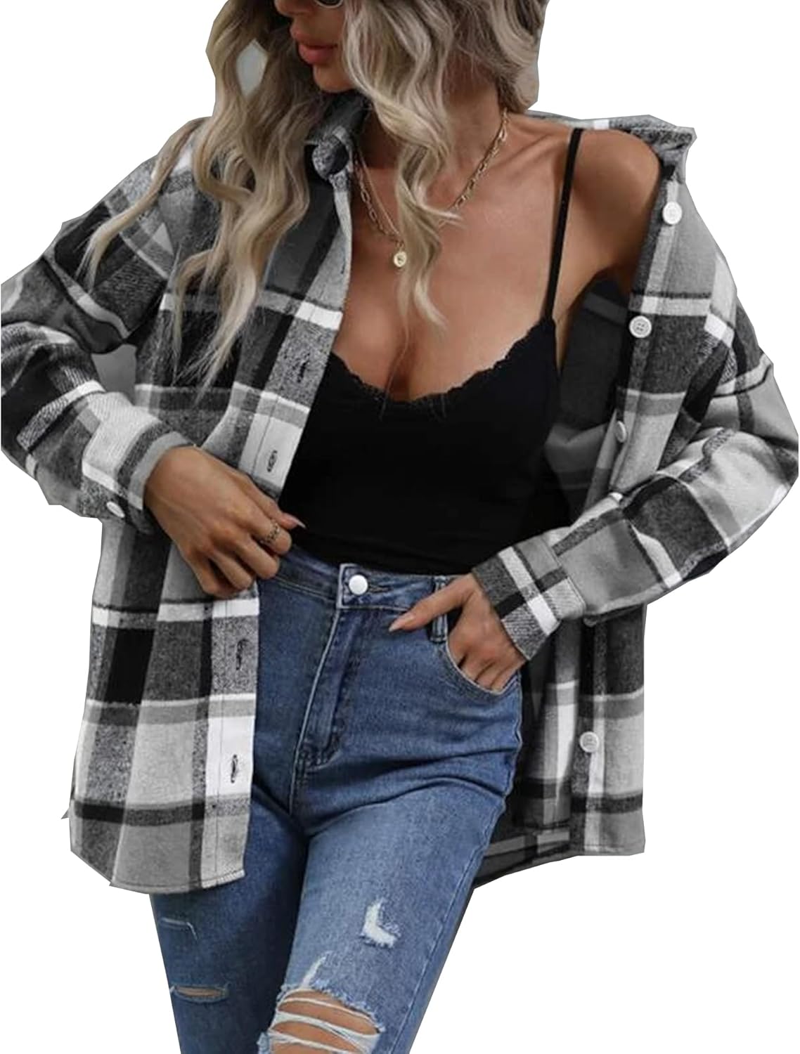 Deer Lady Plaid Flannel Shirts for Women Buffalo Plaid Shirts Oversized Long Sle...
