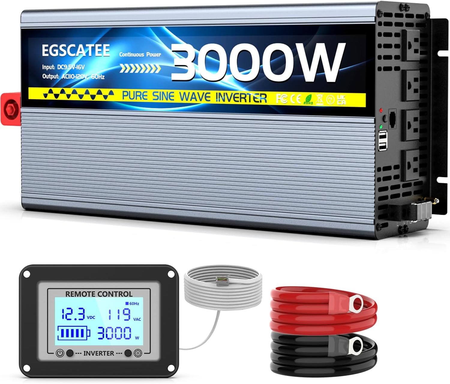 3000W Pure Sine Wave Inverter 12V DC to 110V/120V AC Inverter with 4AC Outlets,...