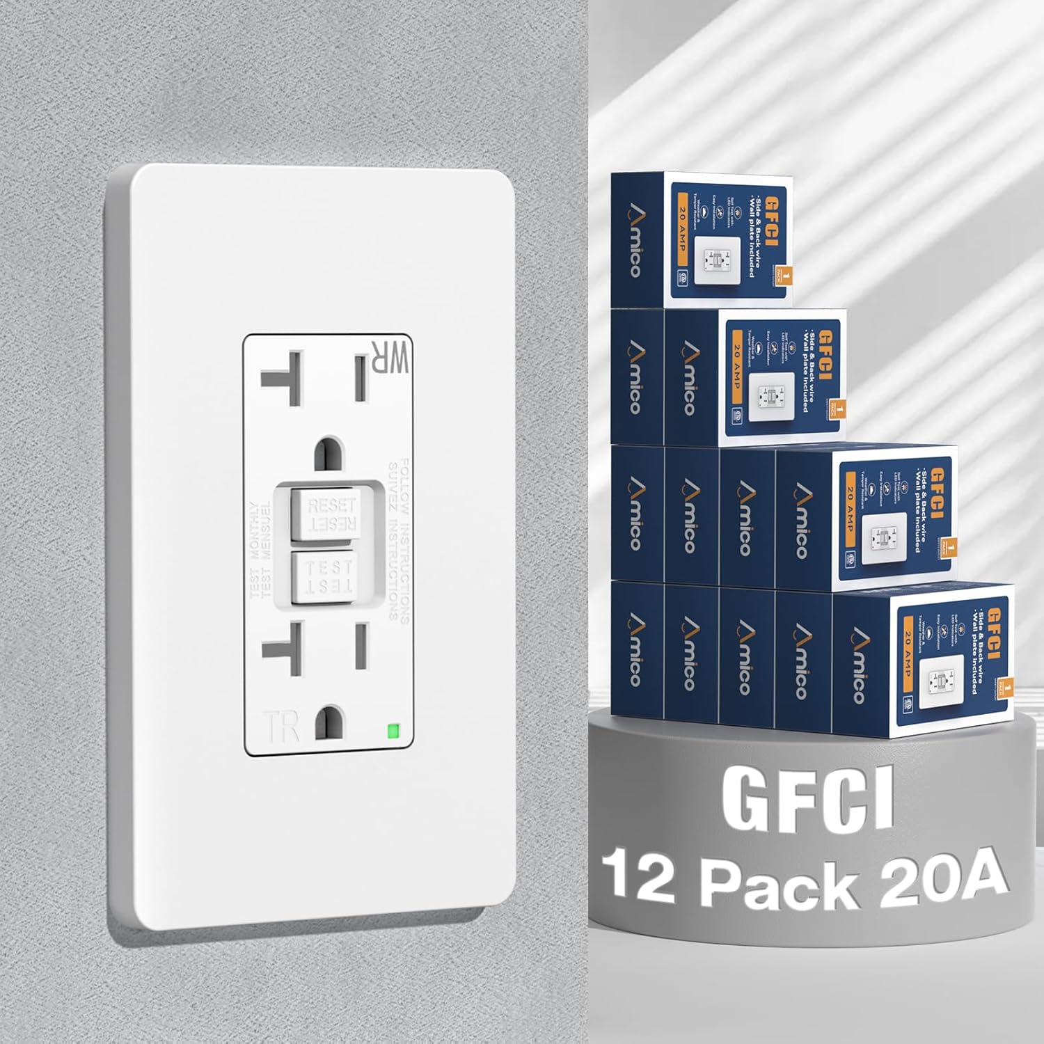 Amico 12 Pack GFCI Outlet 20 Amp, with Wall Plate and Thinner Construction, LED...