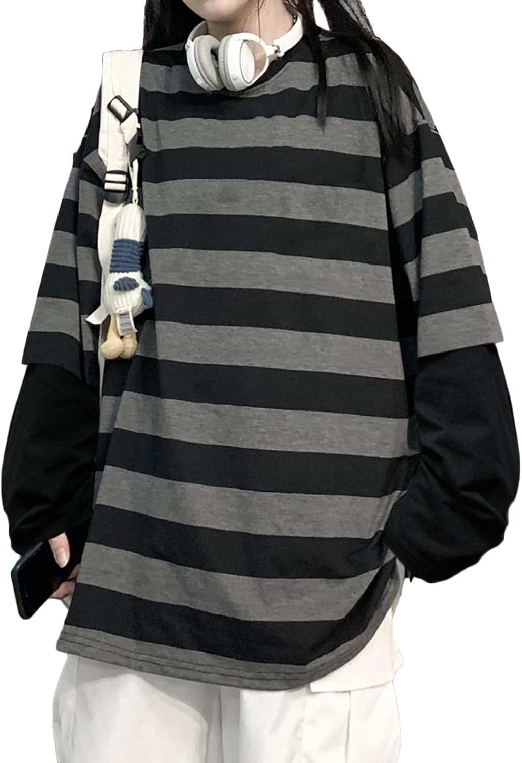 LAVASEON Harajuku, Special Striped T-Shirt, Innovative Oversized Long Sleeve Cre...