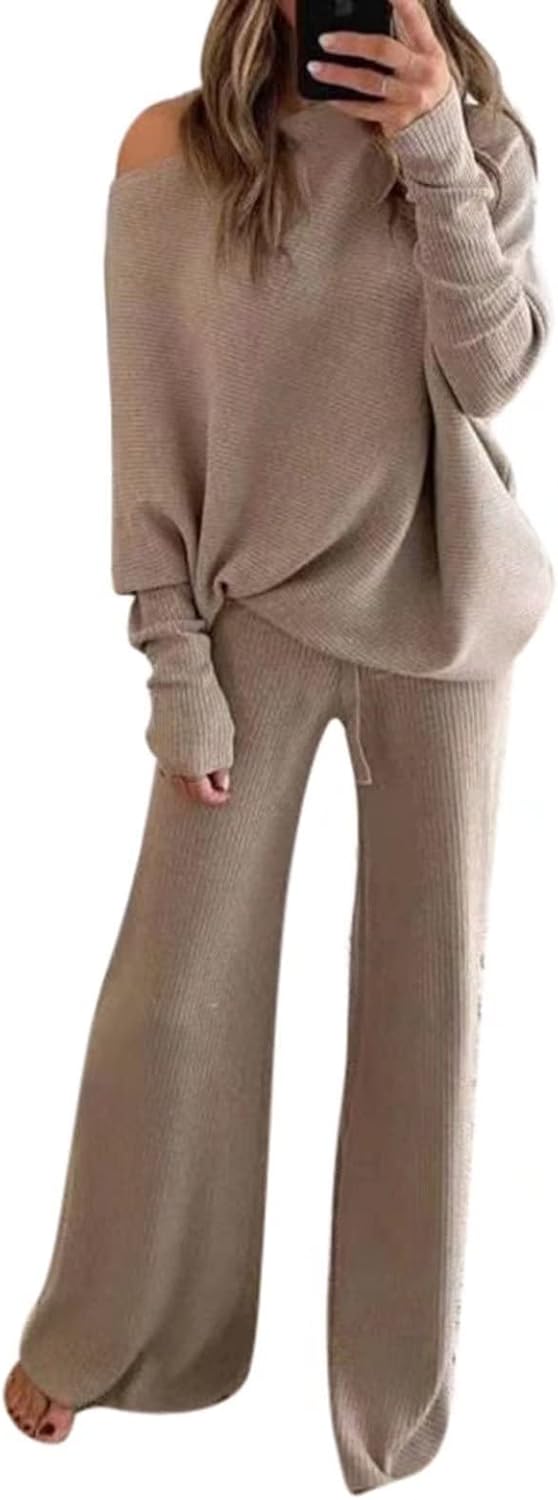 Linsery Womens 2 Piece Outfits One Shoulder Knit Sweater Pullovers Wide Leg Pant...