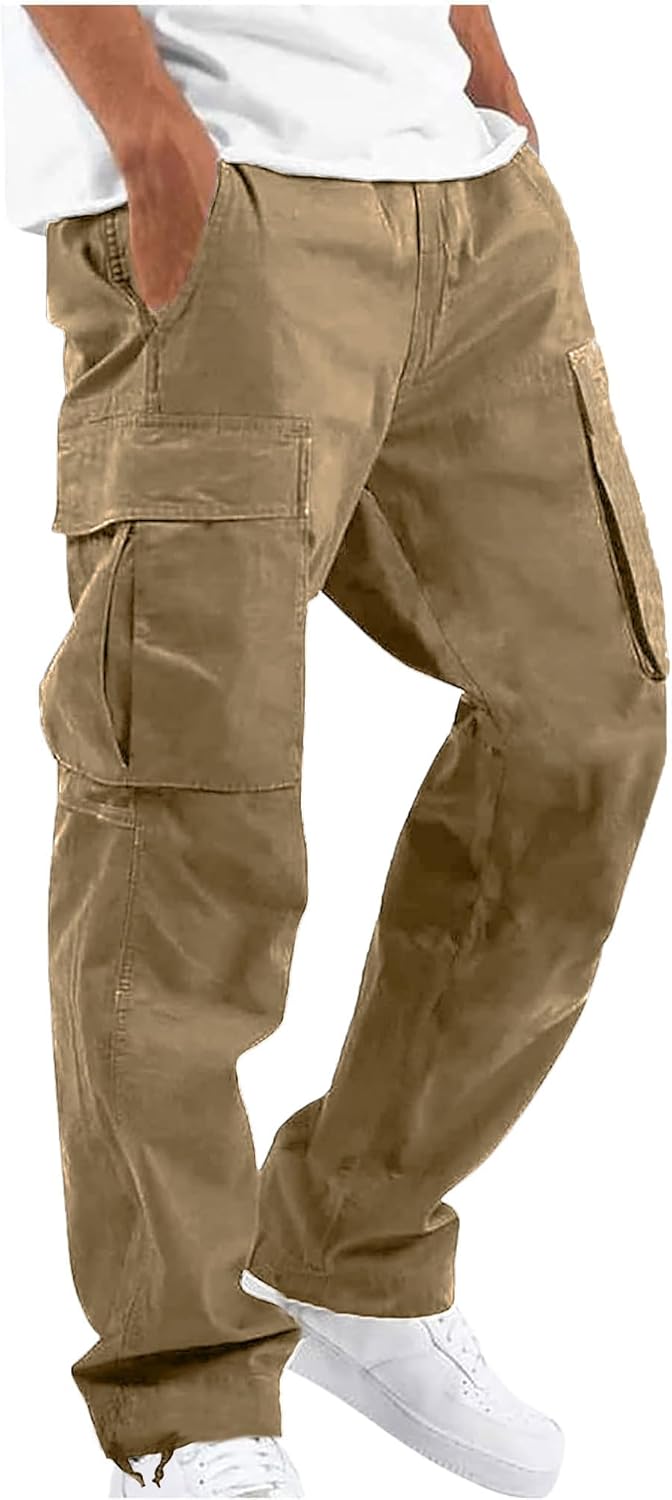 NANAMEEI Mens Cargo Trousers Cotton Work Trouers with Elasticated Waist S Khaki