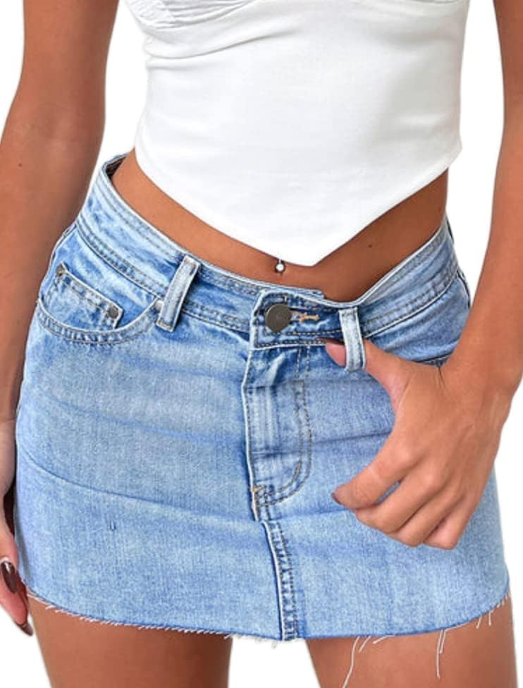 Just Quella Women's High Waisted Jean Skirt Fringed Slim Fit Denim Mini Skirt Me...