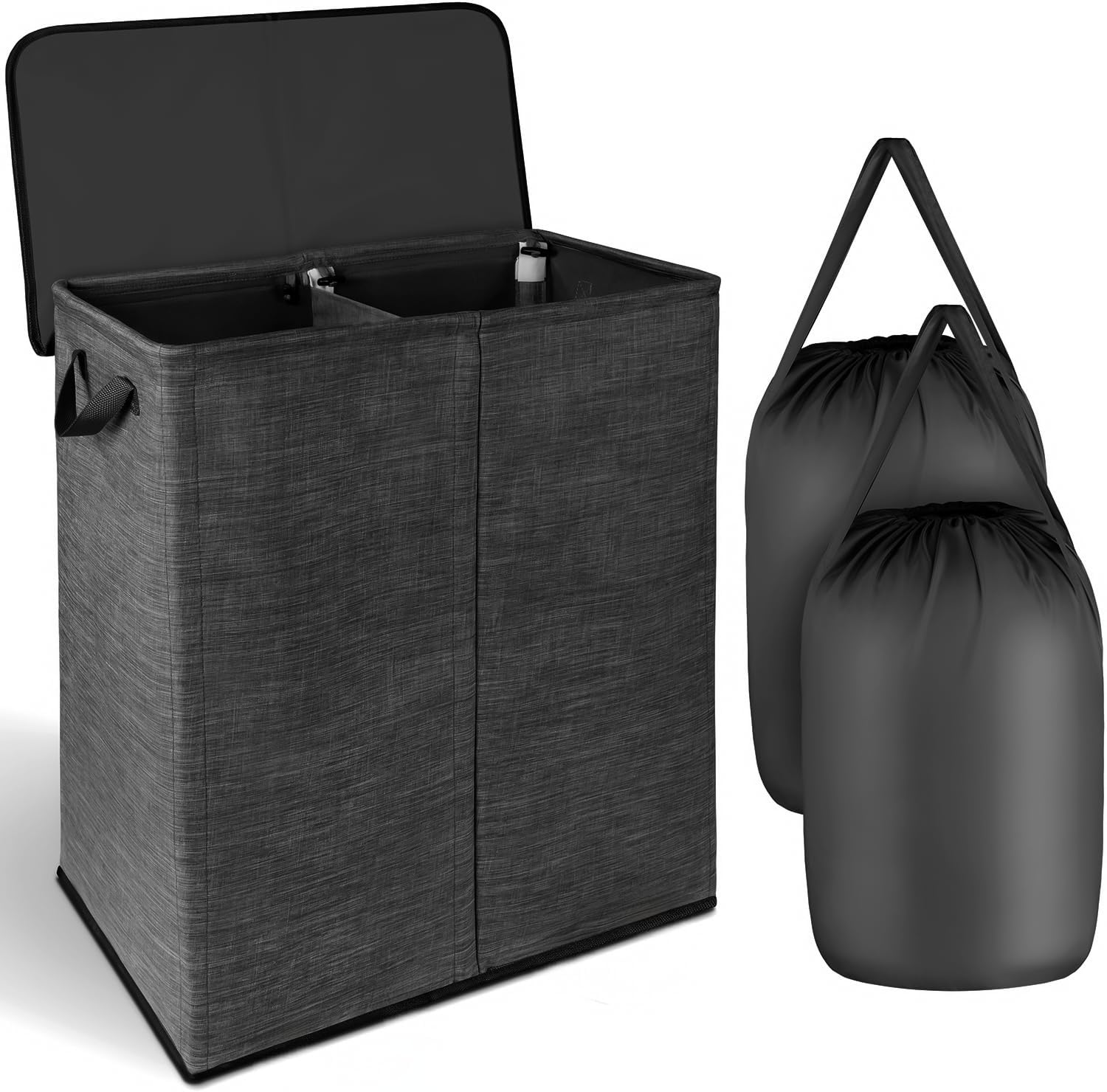 NUCAZA 145L Double Laundry Basket with Lid & Removable Laundry Bags – 2 Compartm...