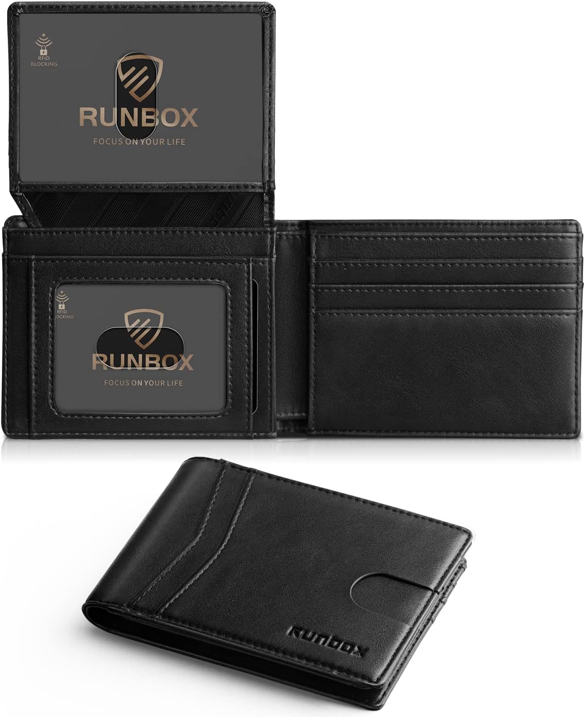 RUNBOX Wallet for Men Slim Rfid Leather 2 ID Window With Gift Box Classic black-...
