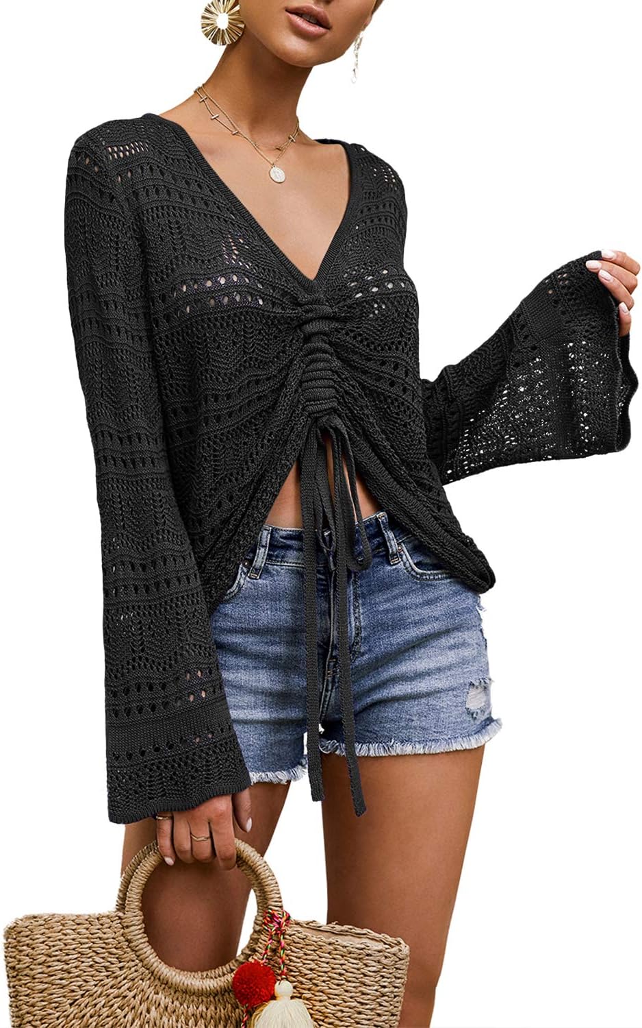 Saodimallsu Womens Sweater, Special Off Shoulder Sheer Crop Top with Bell Sleeve...