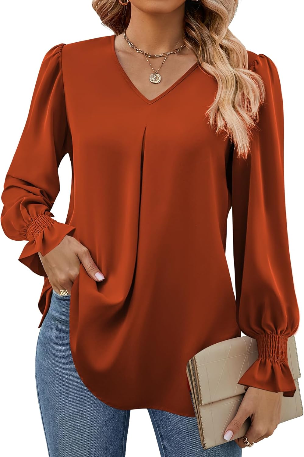 Funlingo Women's 2024 Long Sleeve Tops Dressy Casual V Neck Tunic Shirts Loose C...