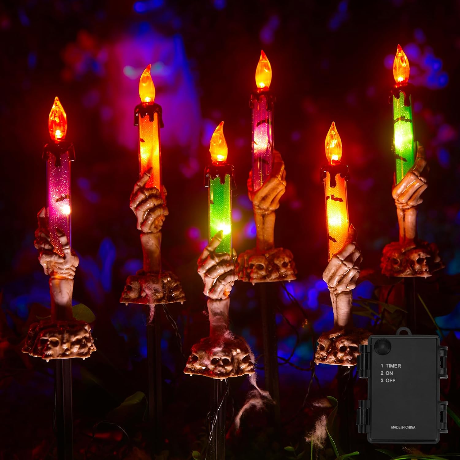 Halloween Decorations, 6 Pack Skeleton Hands Hold Lighted Candle Stakes, Waterpr...
