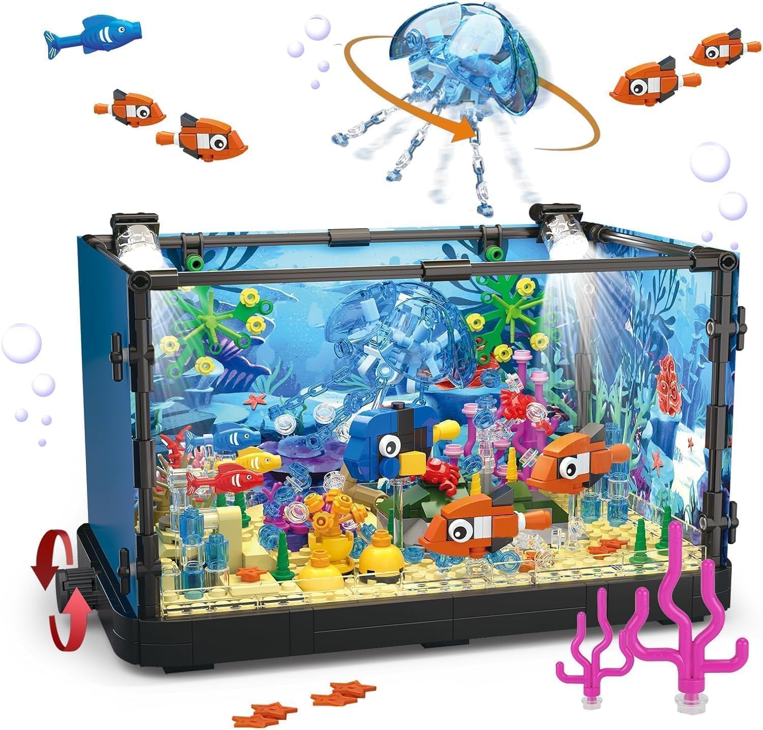 QLT Fish Tank Pets Goldfish Building Blocks Kits with LED Lights, Creative Sea A...