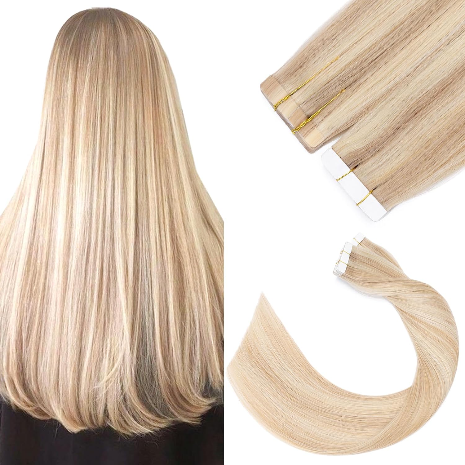 Silk-co 18inch Tape in Hair Extensions Real Human Hair Extension Highlighted #18...