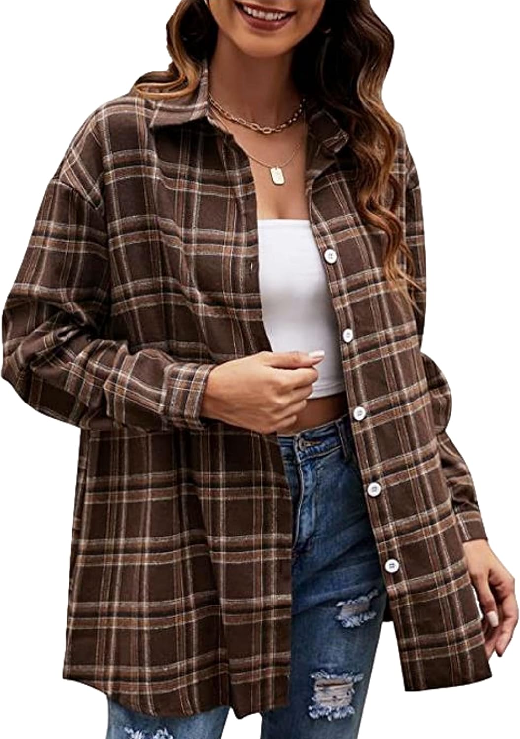 Zontroldy Plaid Flannel Shirts for Women Oversized Long Sleeve Button Down Buffa...