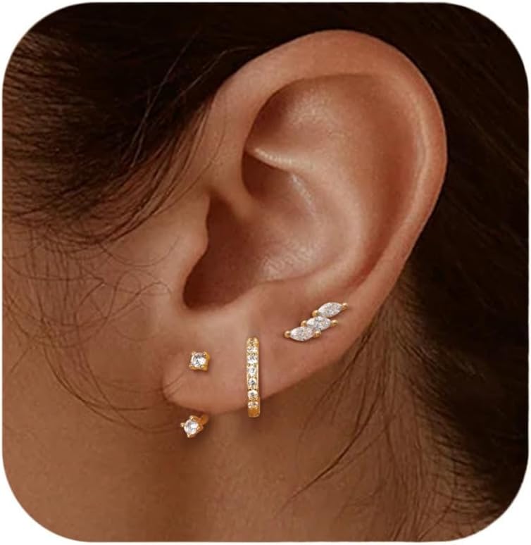 JeweBella 3 Pairs Sterling Silver Stud Hoop Earrings Set for Women 14K Gold Plat...