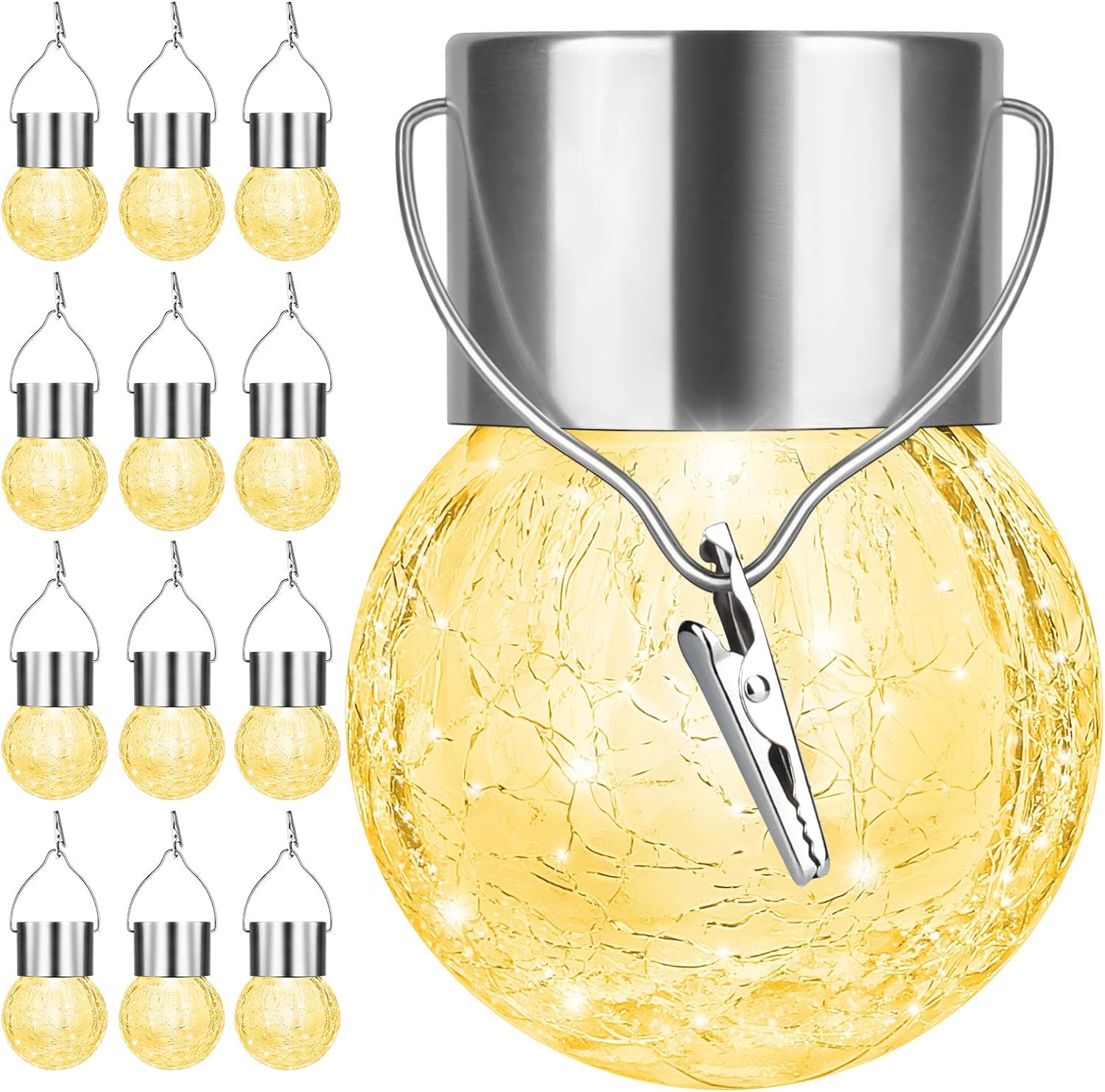 12Pack Hanging Outdoor Solar Lights - Decorative Cracked Glass LED Ball Lights W...