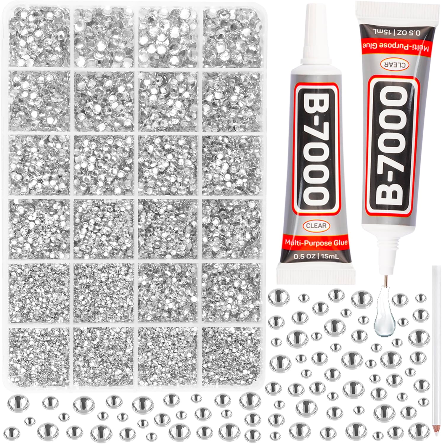 b7000 Clear Glue with 20100Pcs Silver Clear Flatback Rhinestones for Crafts Clot...