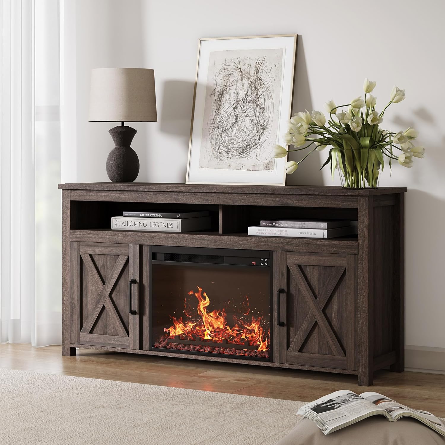 BELLEZE Barn Door Wood Electric Fireplace TV Stand, Special TV Stand for TVs up...