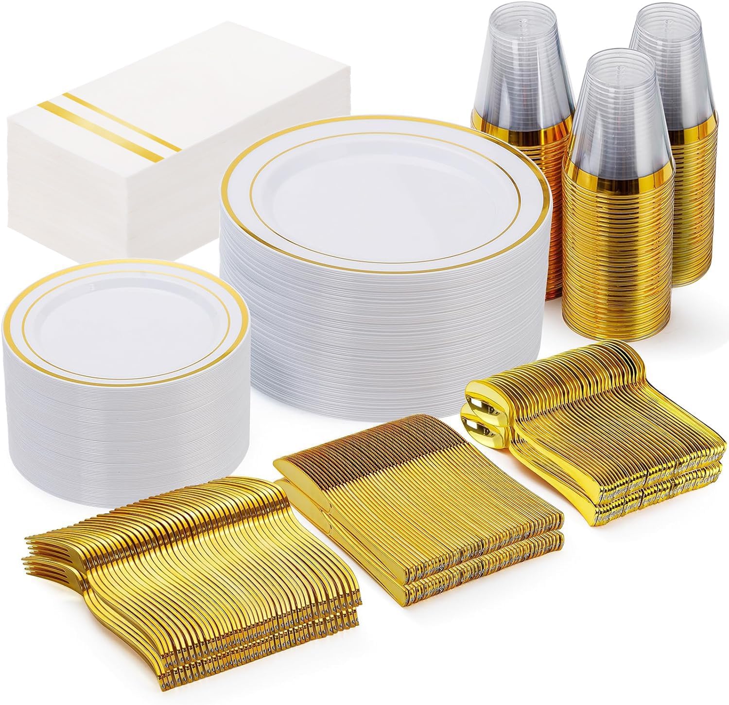 GATHER 350pcs Gold Plastic Plates-Disposable Plastic Dinnerware Set Include: 50...