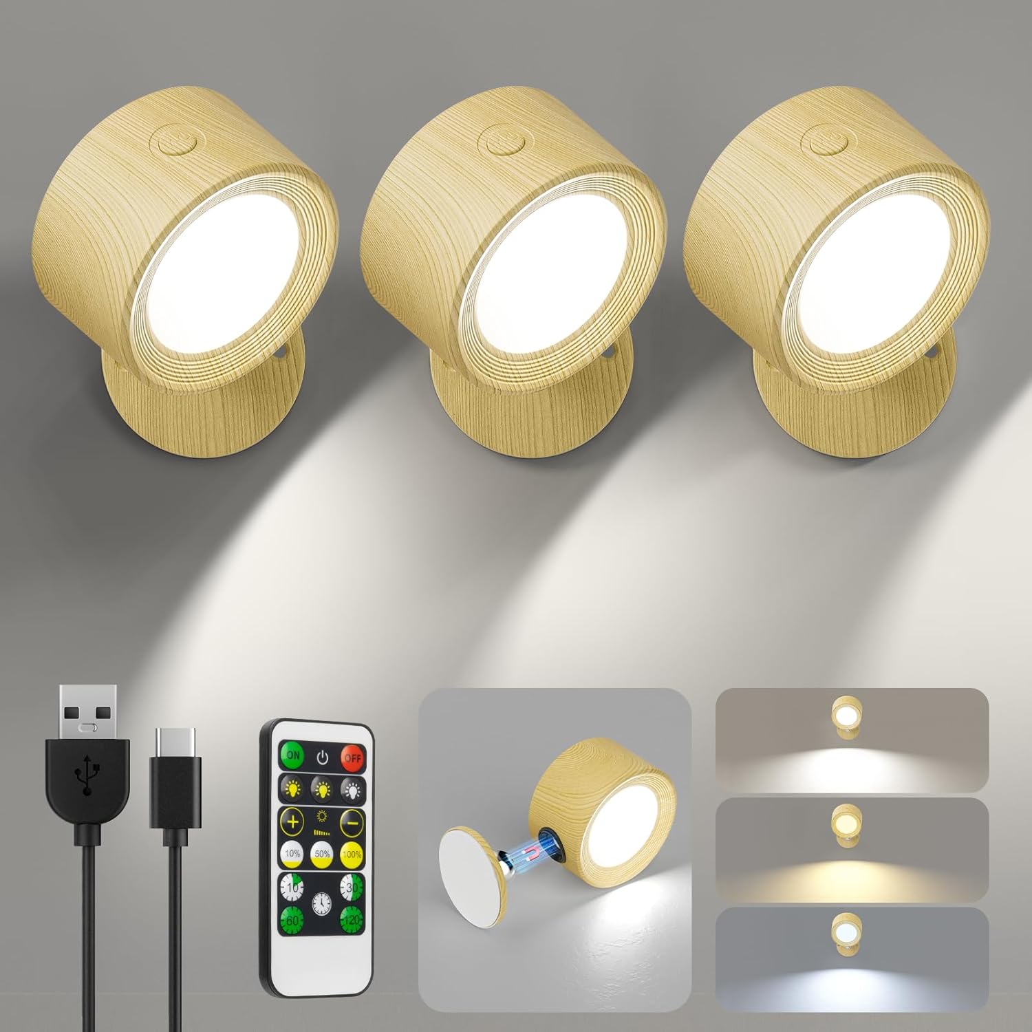 Lightbiz LED Wall Sconces, Wall Mounted Lamp 3 Pcs with Remote Rechargeable Batt...