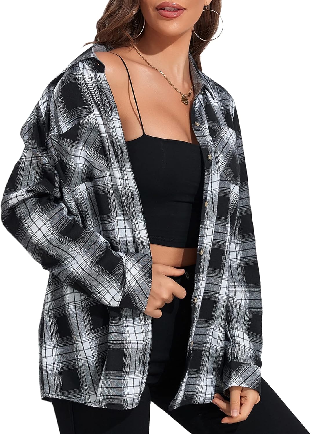 Deer Lady Plaid Flannel Shirts for Women Buffalo Plaid Shirts Oversized Long Sle...