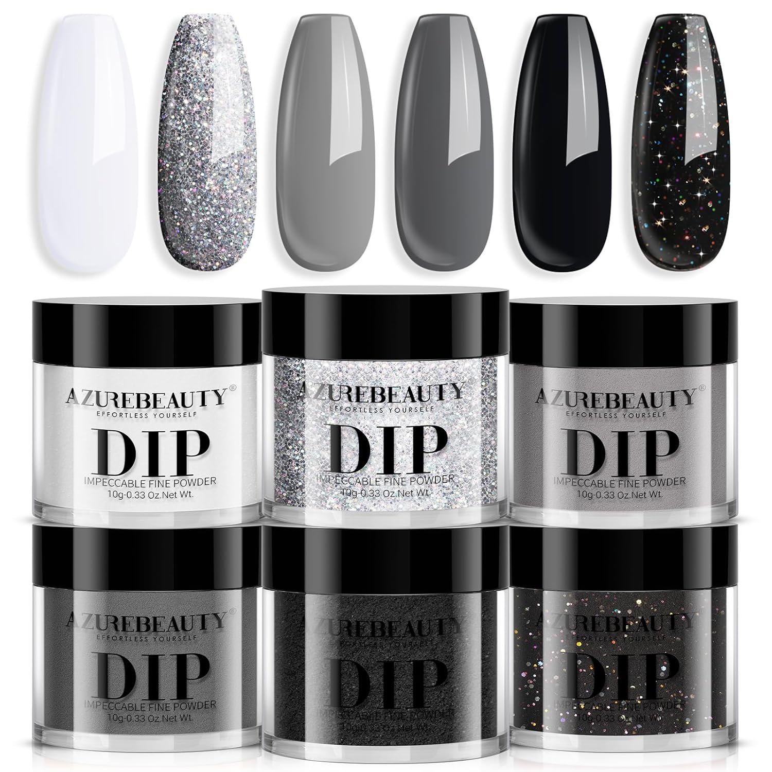 AZUREBEAUTY Dip Powder Nail Basic Set White Black Silver Grey Pure Sparkle 6 Col...