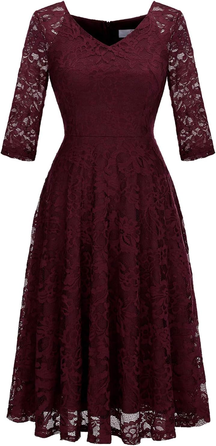 Dressystar Womens Dress, Special Long-Sleeve Lace Homecoming Bridesmaid Midi Dre...