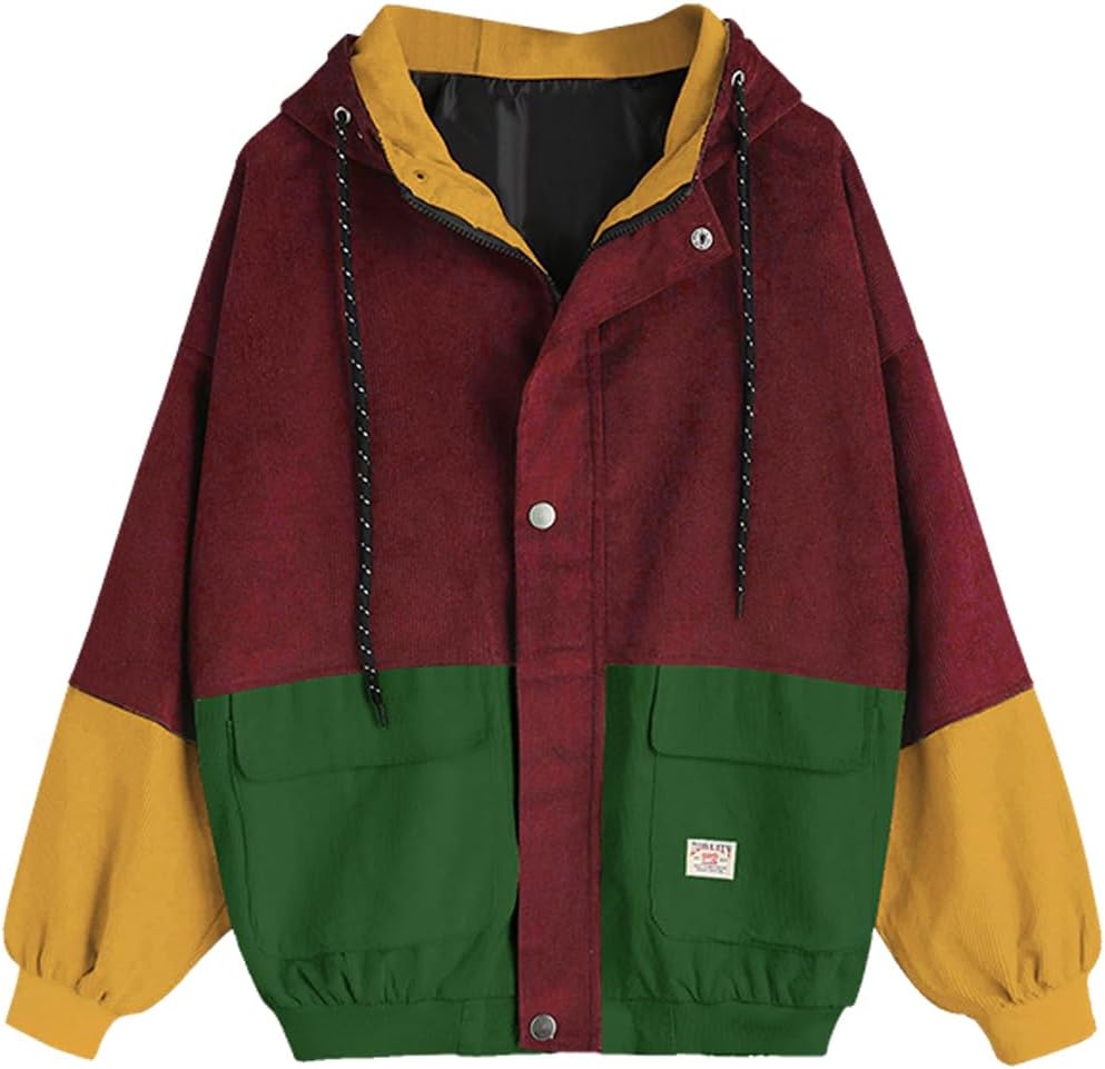 ZAFUL Women's Corduroy Loose Hooded Jacket Vintage Color Blocking Raglan Sleeve...