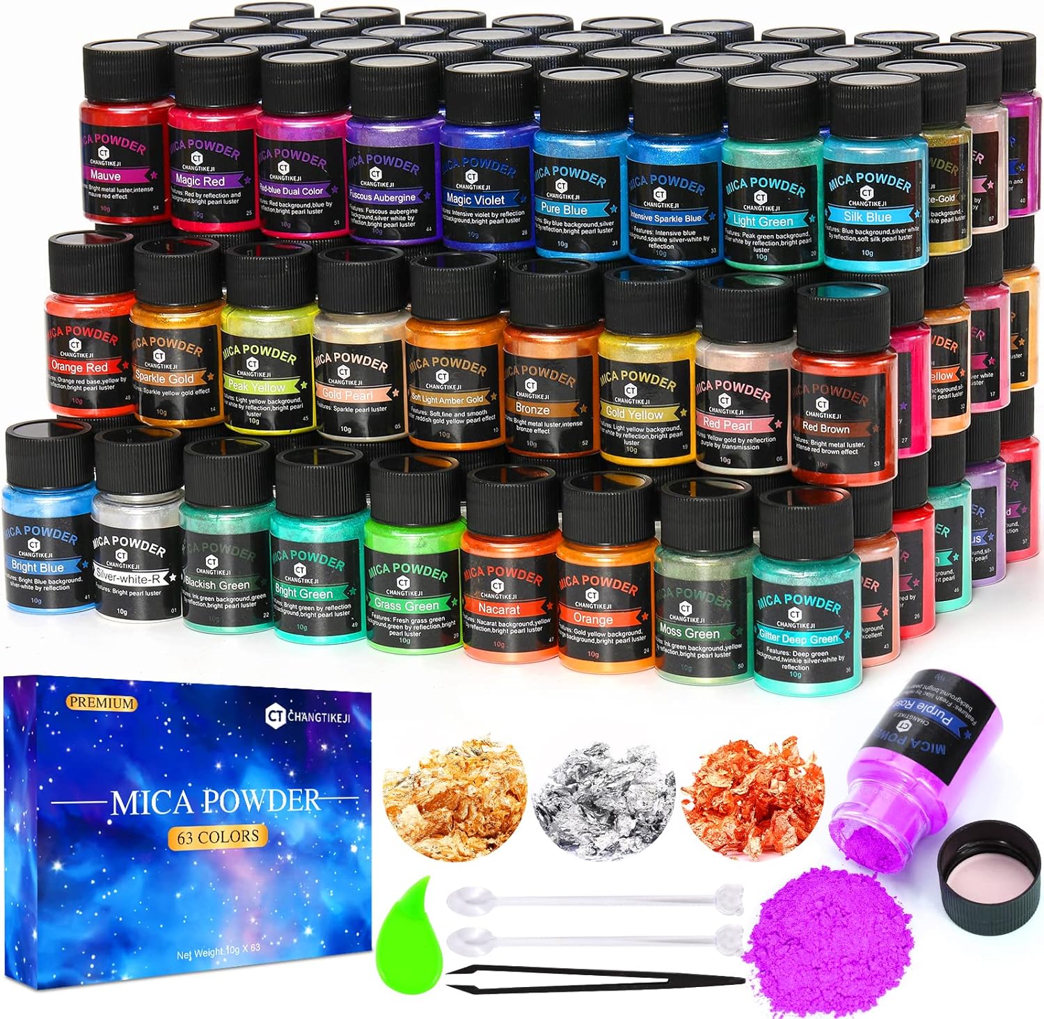 Mica Powder，63 Colors - 10g/Bottle of Natural Pigment Powder for Epoxy Resin，L...
