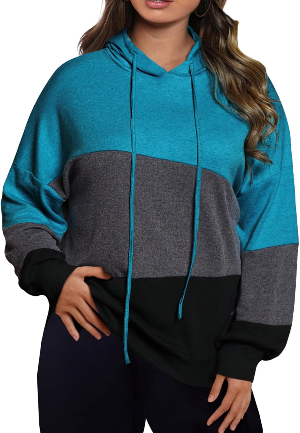 Eytino Women Plus Size Hoodies Sweatshirts Long Sleeve Colorblock Drawstring Hoo...