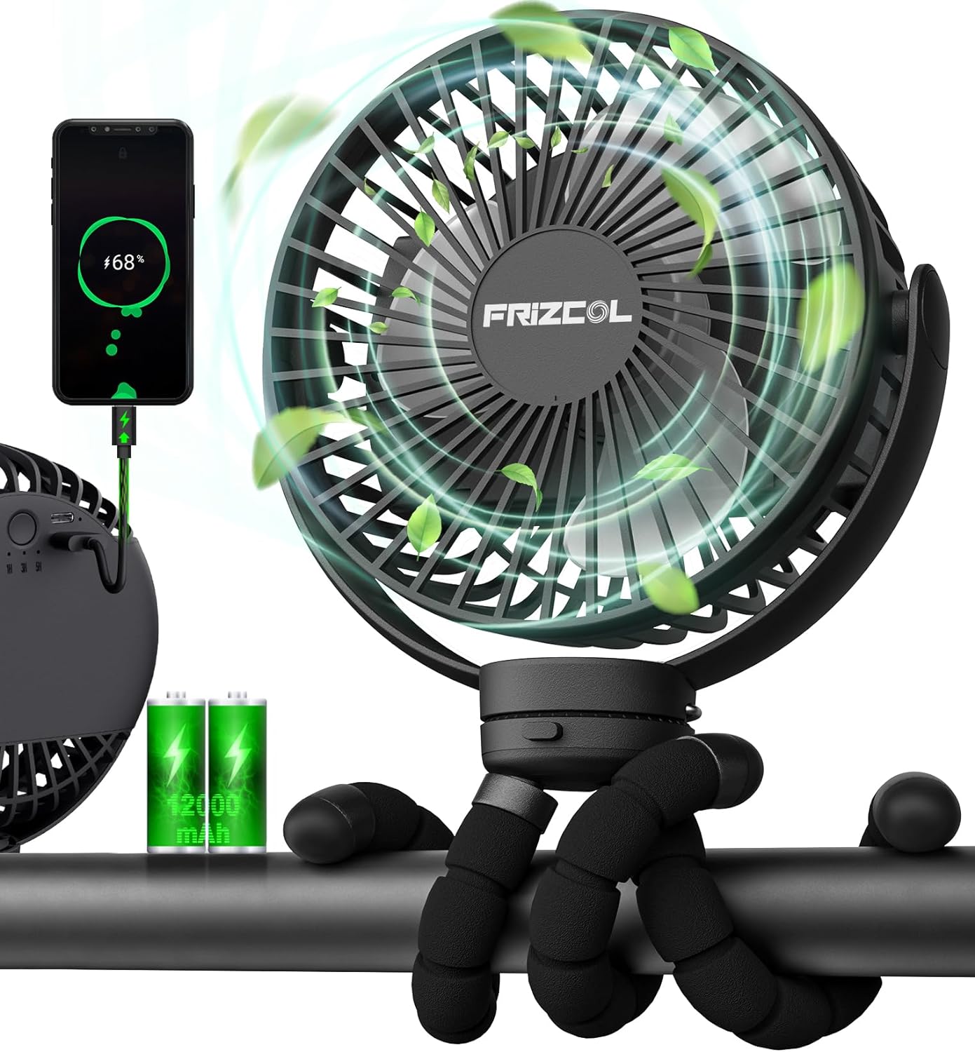 FRIZCOL Portable Stroller Fan, Use As Power Bank, 65H 12000mAh Battery Operated...