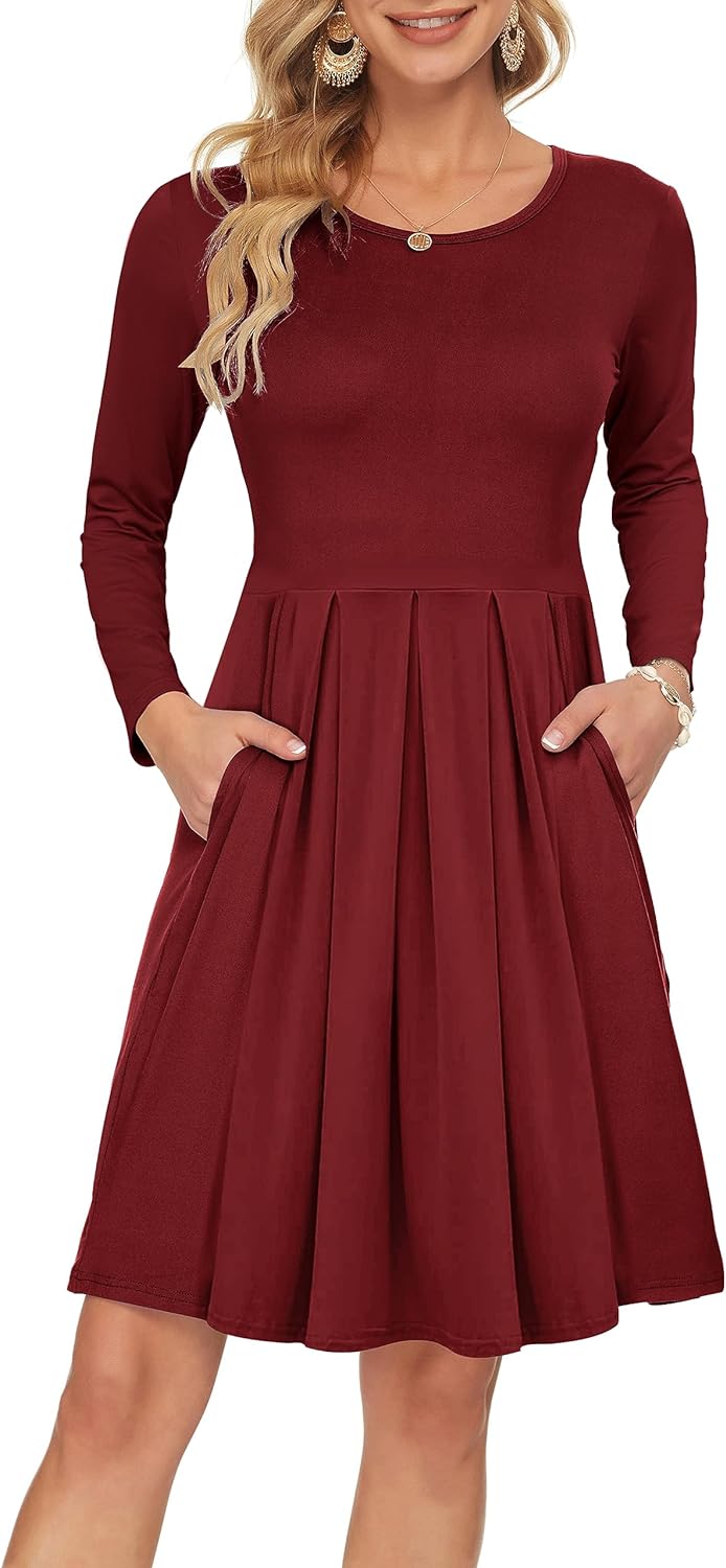 AUSELILY Women's Long Sleeve Pleated Loose Swing Casual Dress with Pockets Knee...