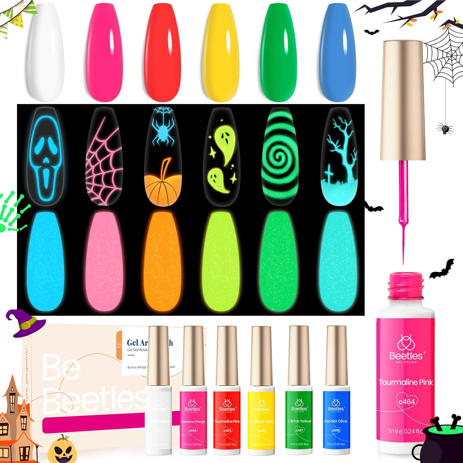 beetles Gel Polish Neon Glow in the Dark Gel Liner Nail Polish - 6 Colors Lumino...
