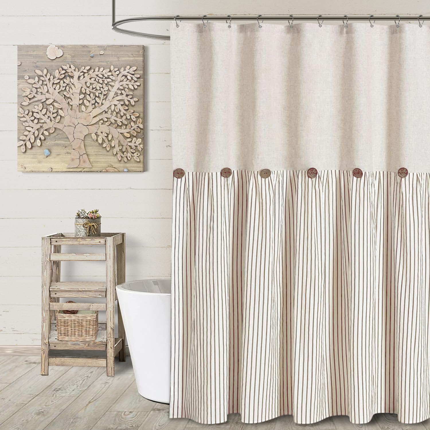Awellife Linen Button Farmhouse Beige Shower Curtain,Linen and Cotton Woven Fabr...