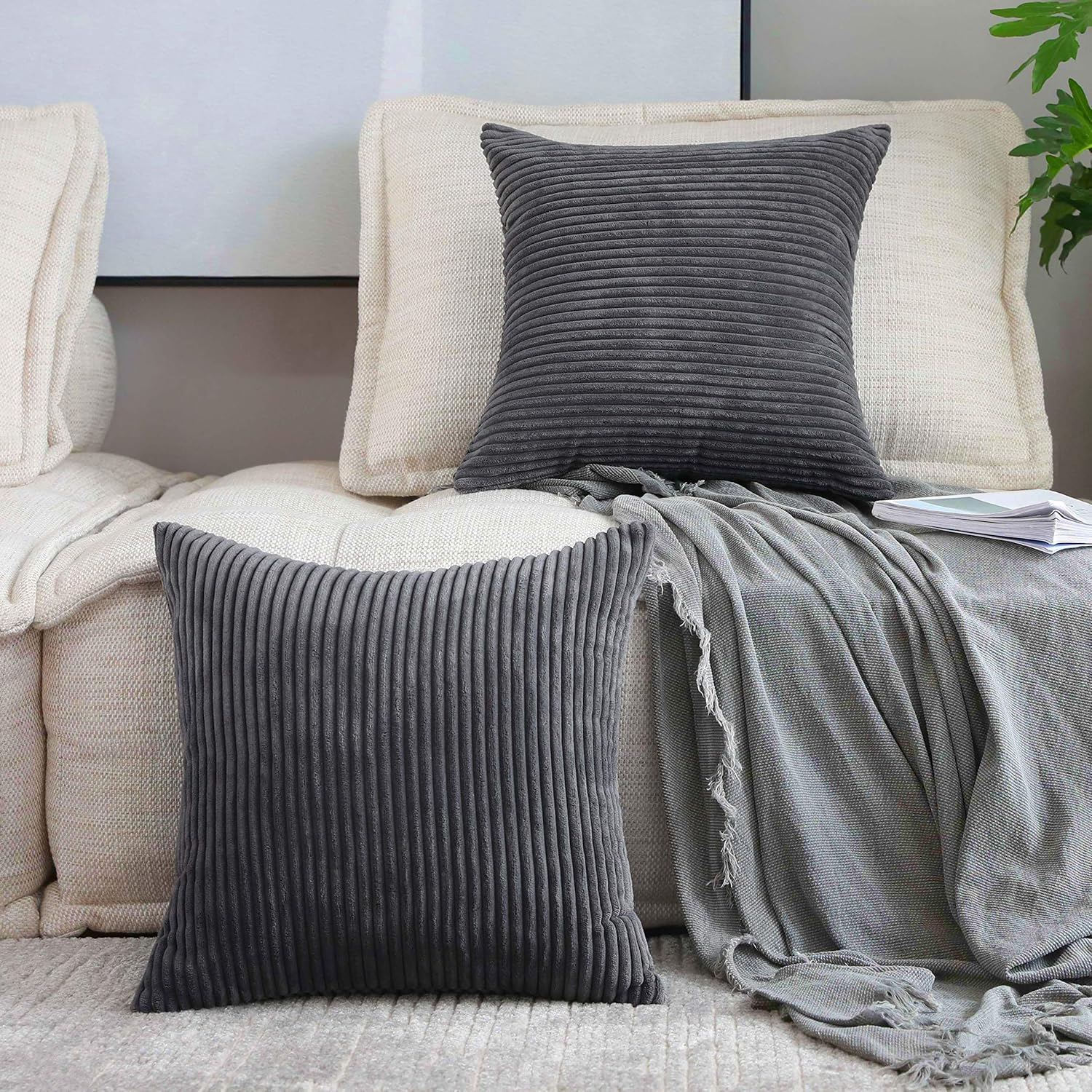 Home Brilliant 2 Pack Super Soft Striped Corduroy 26x26 Pillow Covers Decorative...