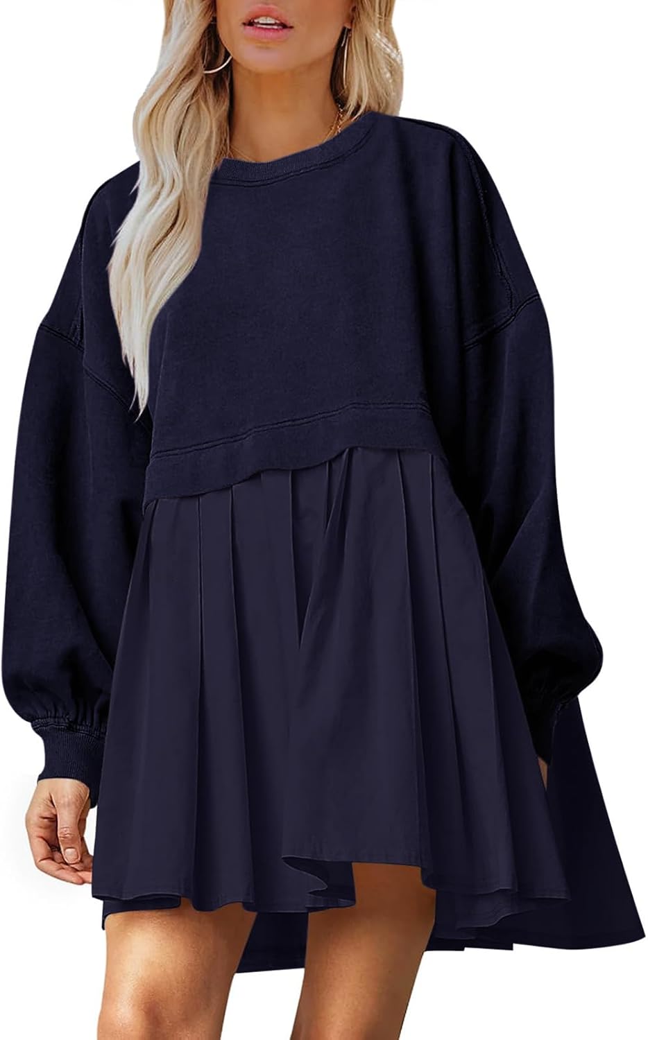 Dokuritu Sweatshirt Dress Women Crew Neck Long Sleeve Patchwork Pullover Tops Fl...