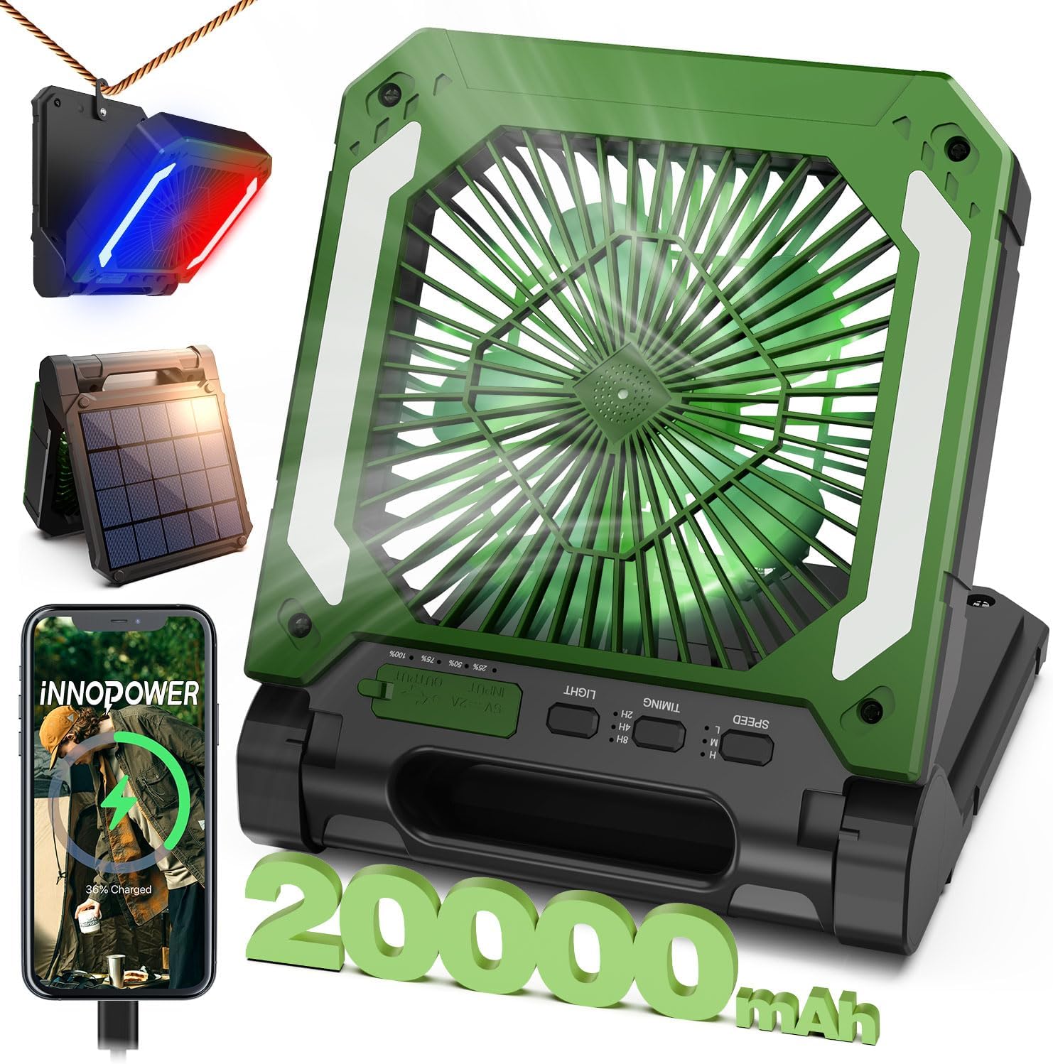 20000mAh Rechargeable Solar Camping Fan with Led Lantern, 3 Speeds Cordless Batt...