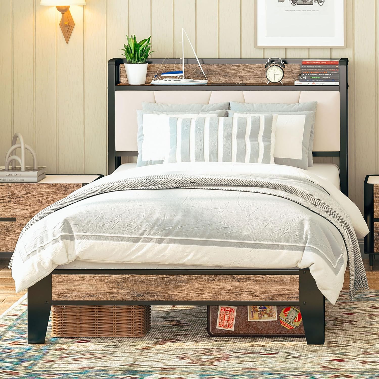 LIKIMIO Twin Bed Frames, Storage Headboard with Charging Station, Solid and Stab...