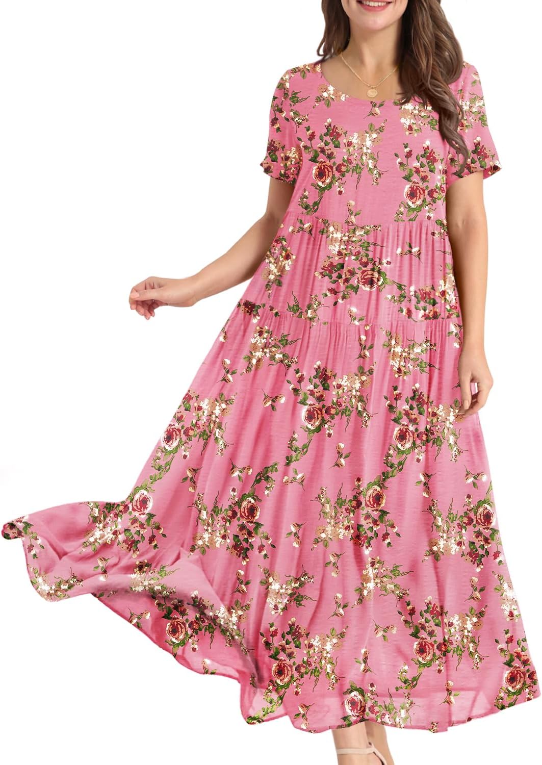 YESNO Women Casual Loose Bohemian Floral Dress with Pockets Short Sleeve Long Ma...