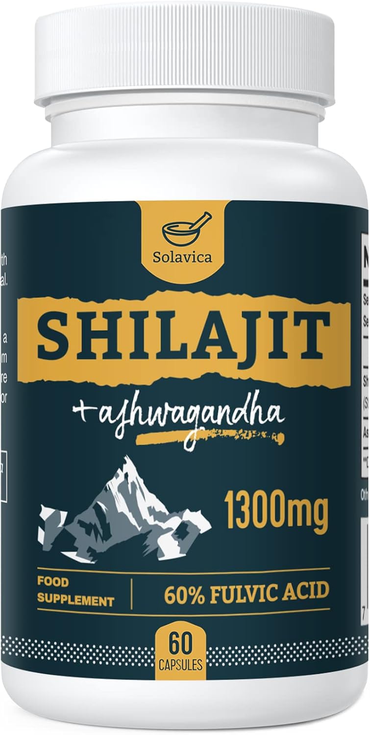 Solavica Shilajit Capsules 1300mg per Serving with Ashwagandha Root Extract, 60%...