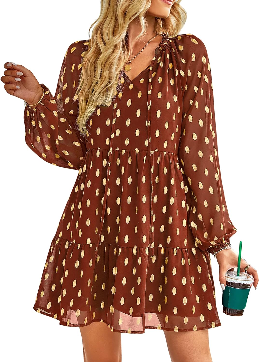 KIRUNDO Women's Dress, Special Long Sleeve Dress with Gold Polka Dots, Innovativ...