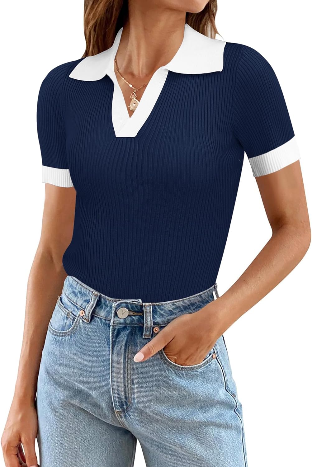 Ivicoer Womens 2024 Summer V Neck Short Sleeve T Shirts Slim Fitted Ribbed Knit...