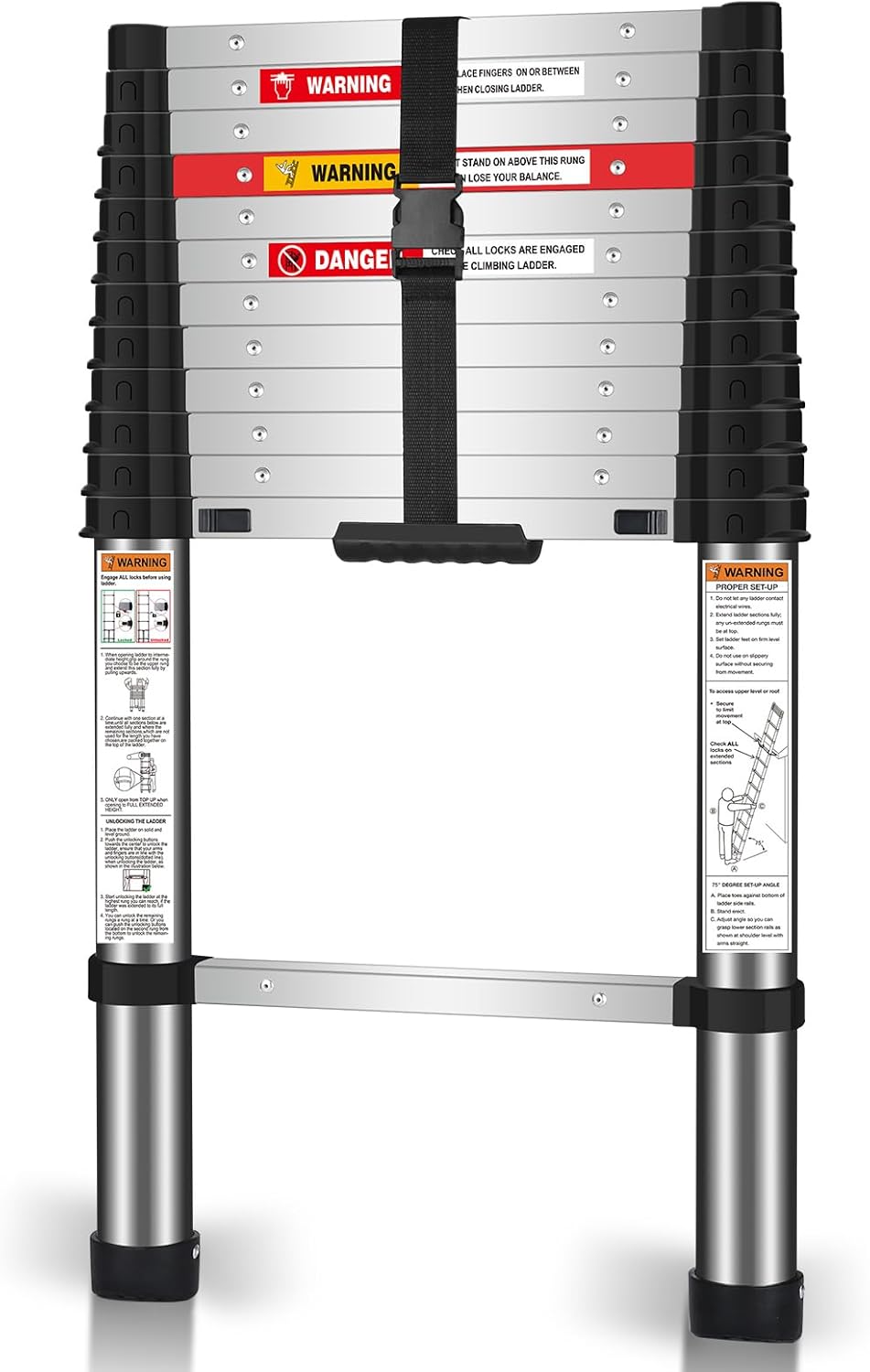 Telescoping Ladder, Special 12.5FT One Button Retraction Stainless Steel Telesco...