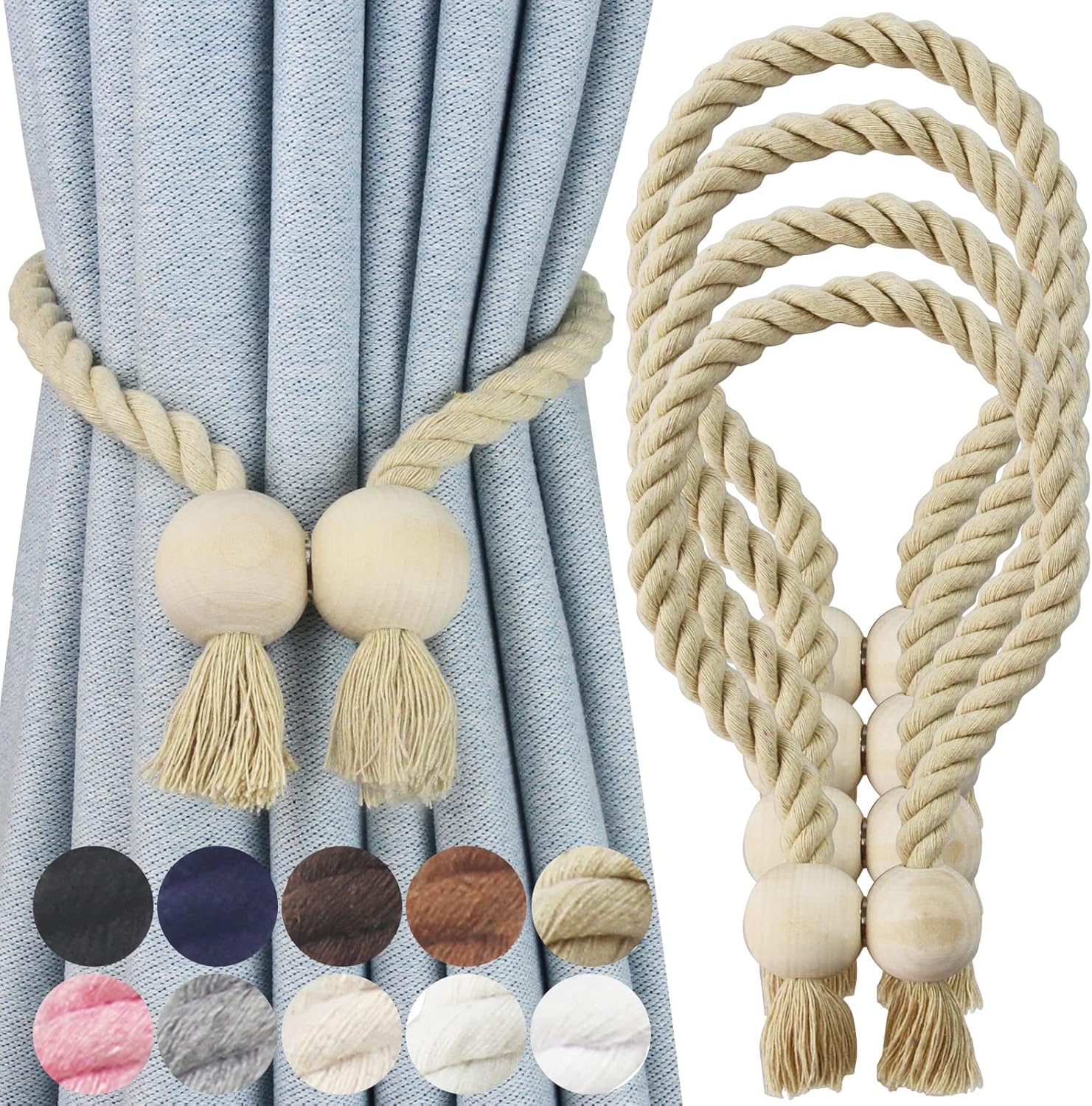 4 Pack Magnetic Curtain Tiebacks Cotton Hand Woven Tie Back Decorative Rope Hold...