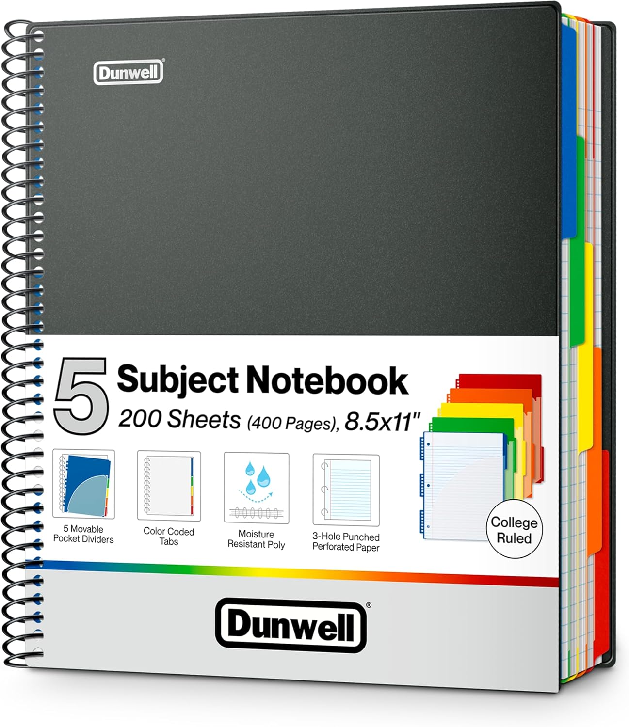 Dunwell 5-Subject Notebook, Special College Ruled Notebook 8.5 x 11, High-Qualit...