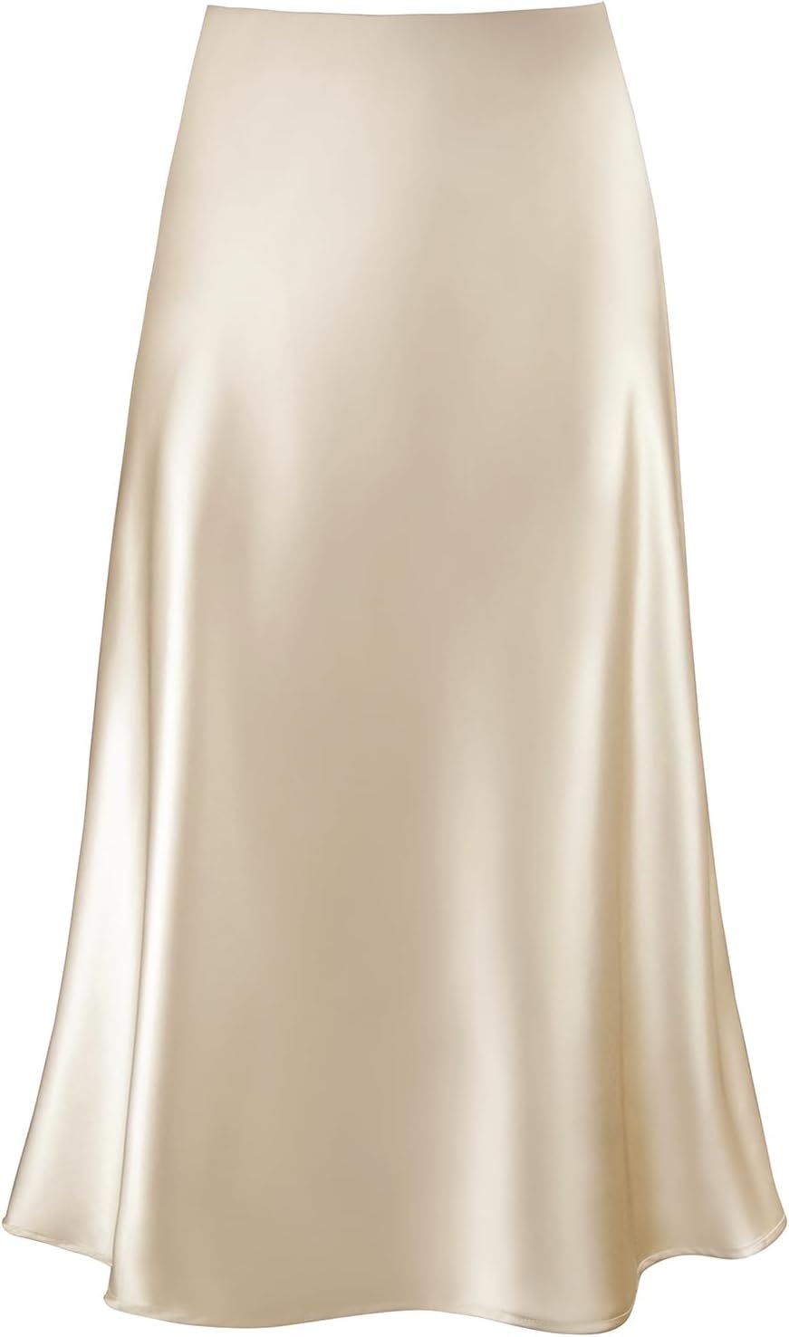 Women's Satin High Waist Hidden Elasticized Waistband Flared Casual A Line Midi...