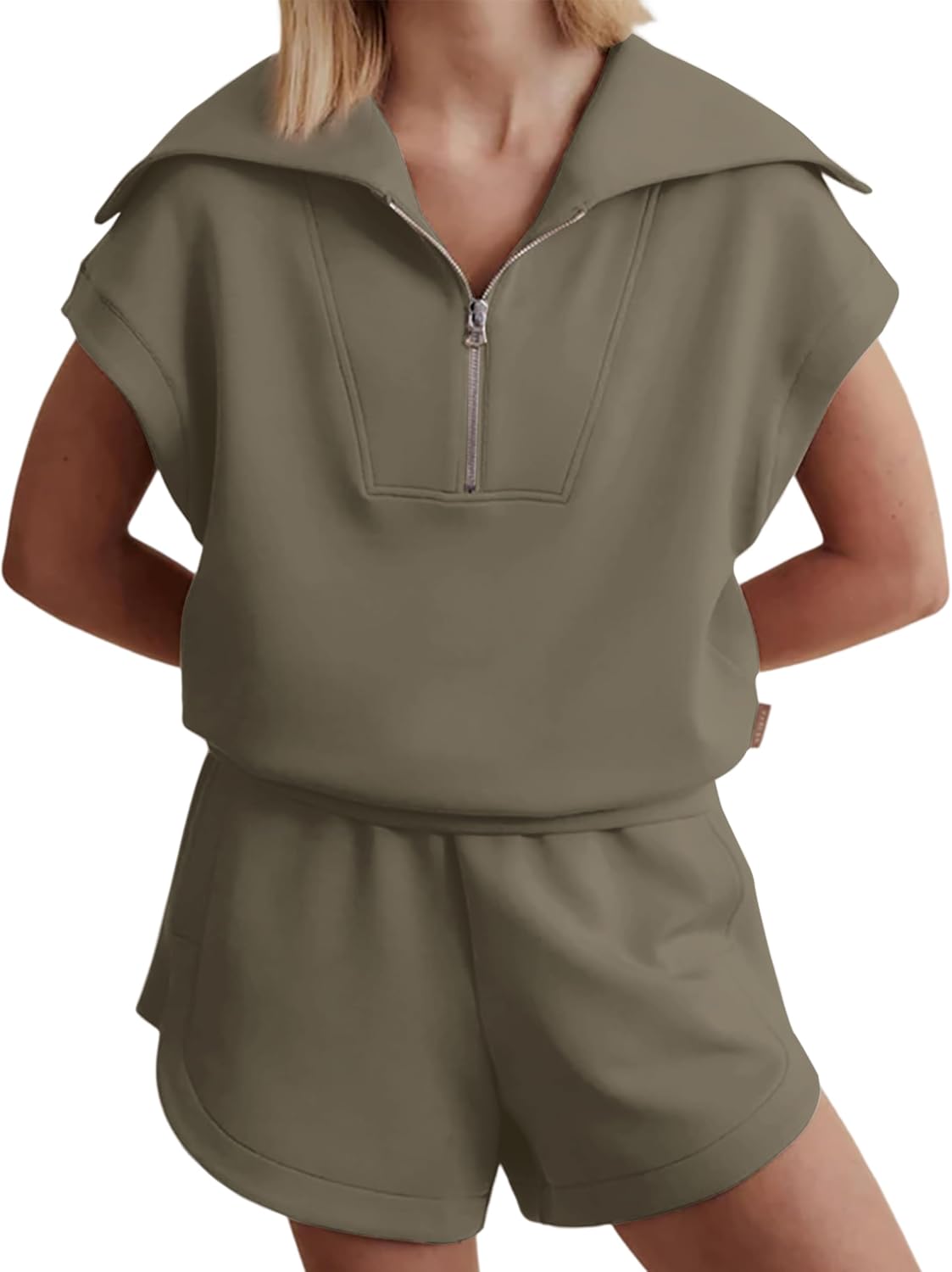 Meladyan Women Two Piece Outfits Tracksuit Half Zip Lapel Cap Sleeve Sweatshirt...