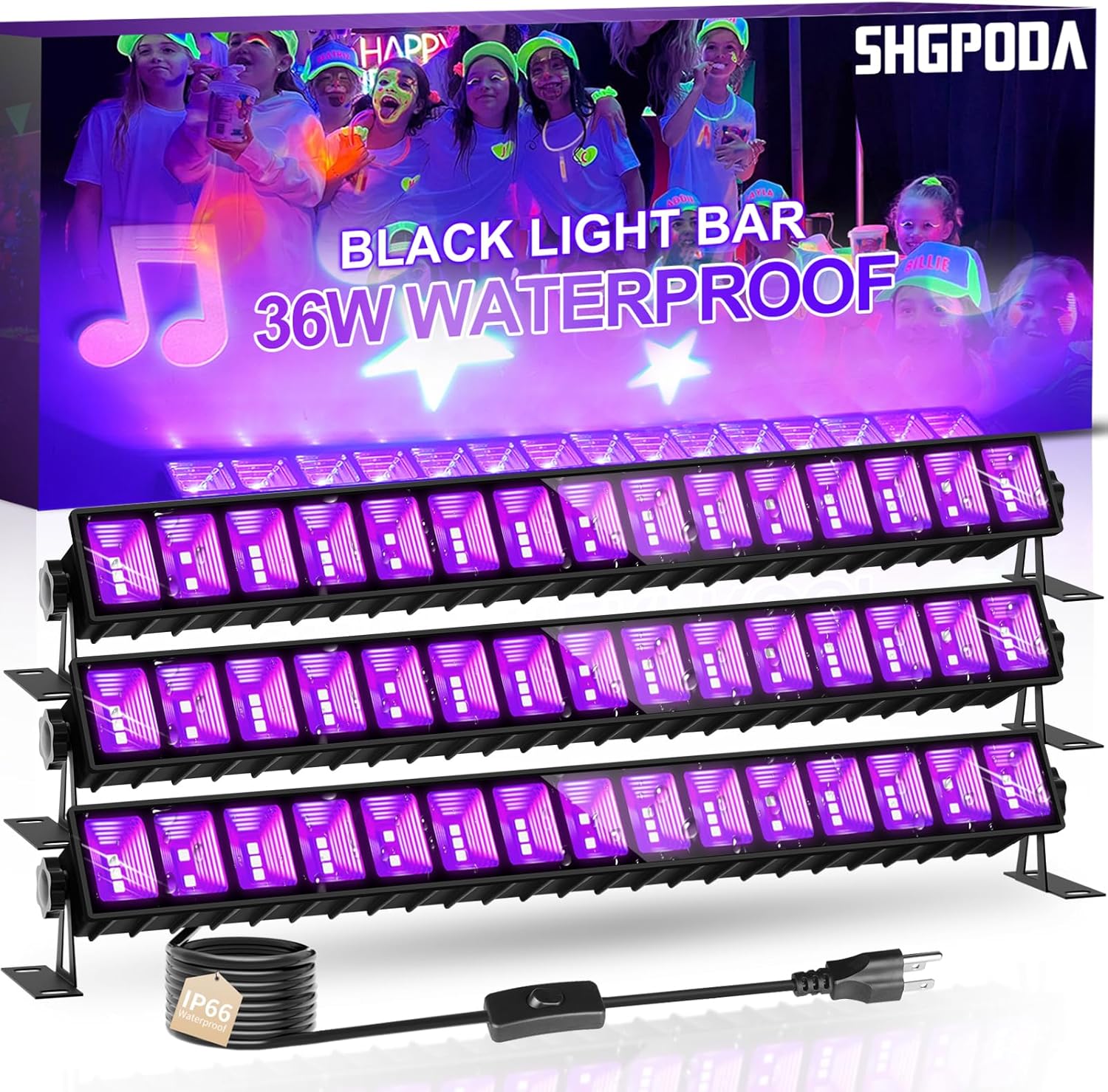 3 Pack 36W LED Black Light Bar, Black Lights for Glow Party, Blacklight with 6ft...
