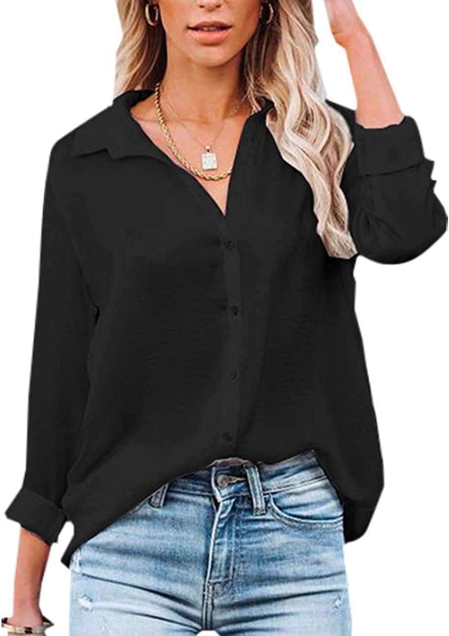 Womens Blouse Casual Long Sleeve Shirt Tops V Neck Button Down Shirts Basic Loos...