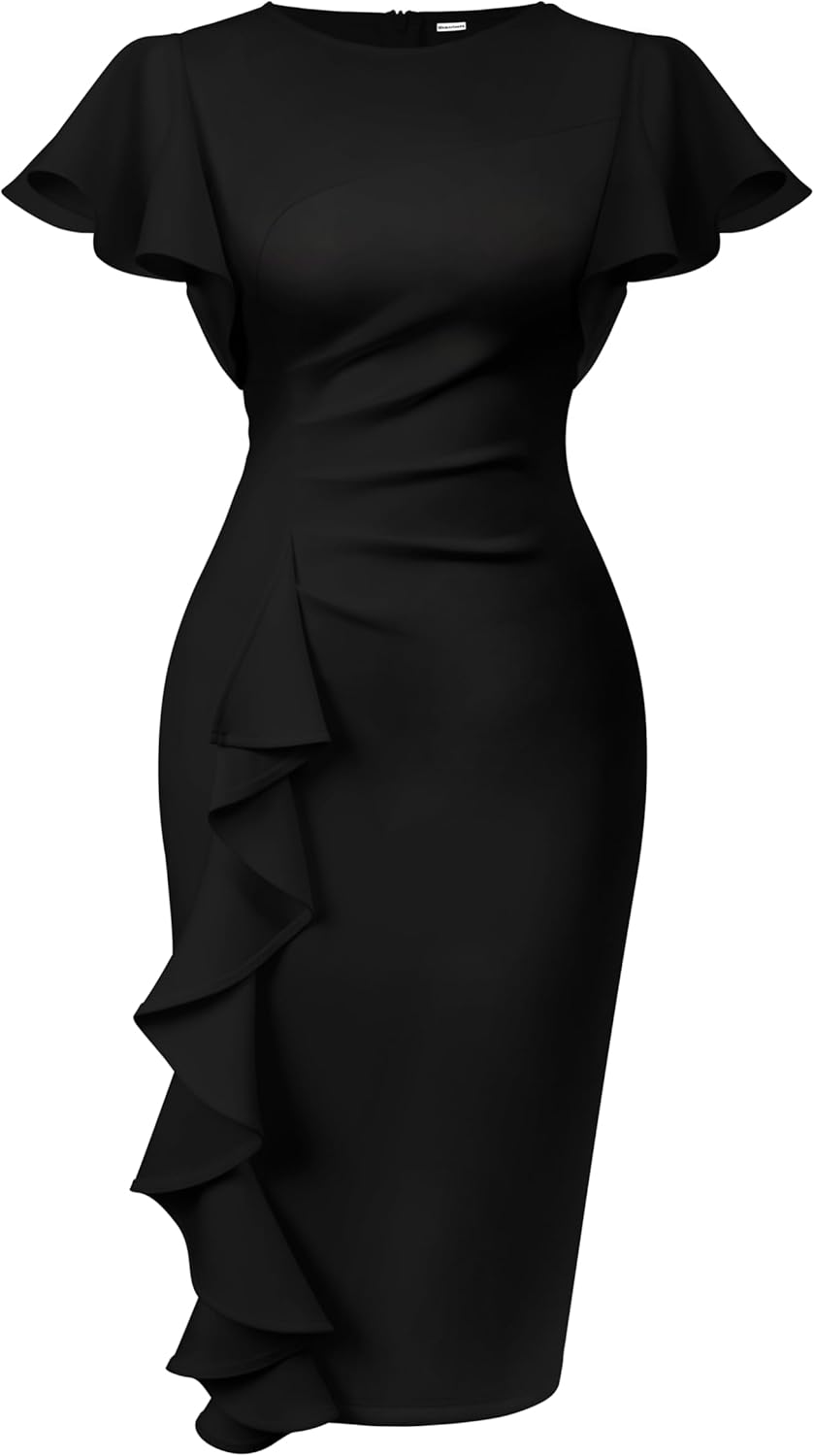 Memoriesea Women's Vintage Church Ruffle Sleeve Ruched Bodycon Work Midi Pencil...